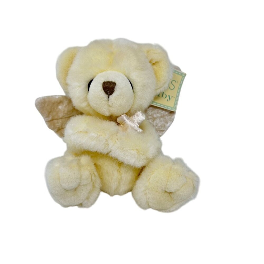 Russ Berrie Prayer Bear Angel Wing Cross 7" Russ Baby Cream Plush Stuffed Animal